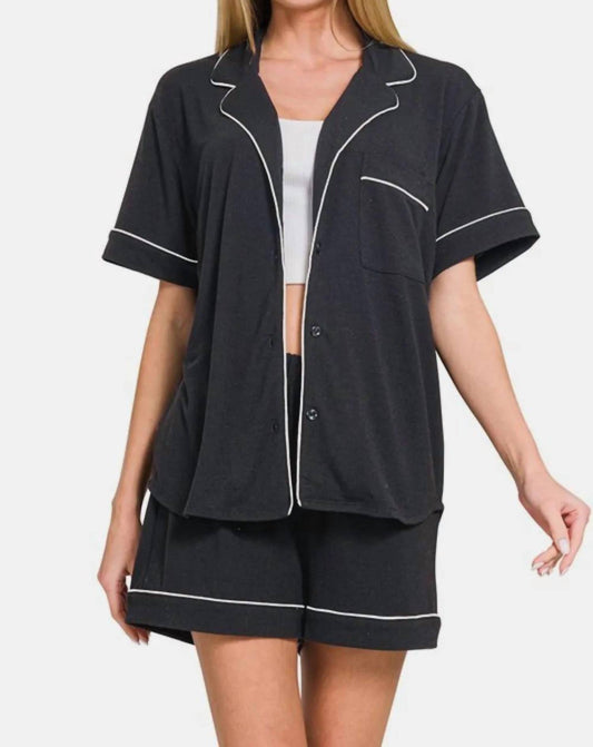 Zenana - Button Down Short Sleeve Top And Shorts Lounge Set