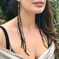 Astali - Women's Leather, Feather Antique Brass Long Earring