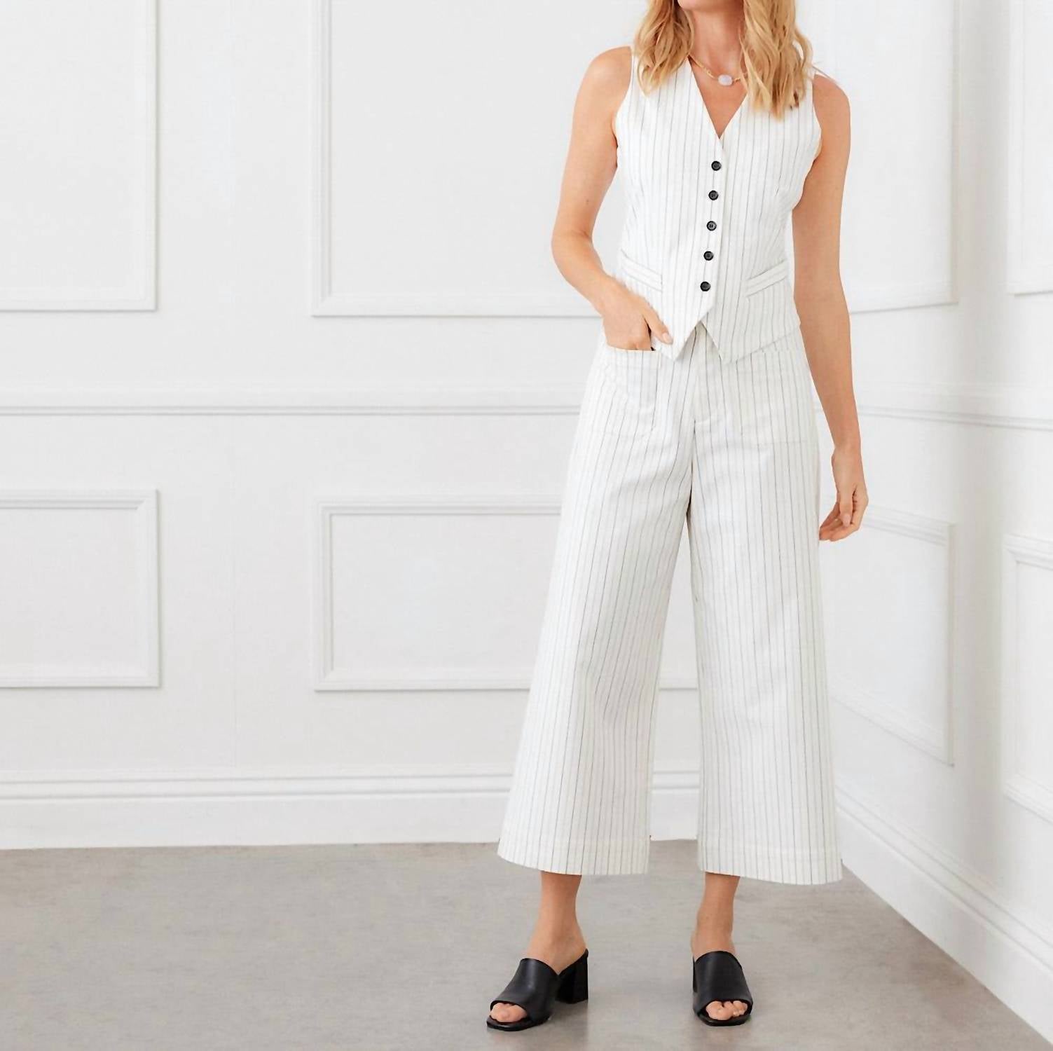Karen Kane Stripe Button-Up Vest in off white with black - women's tank top - view 5