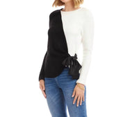 Karen Kane Long Sleeve Colorblock Satin Bow Top - Petite in black and ivory - women's blouse - alternate view