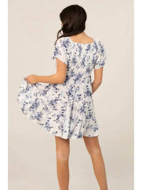 Angie - V Neck Smocked Bust Short Sleeve Floral Print Dress
