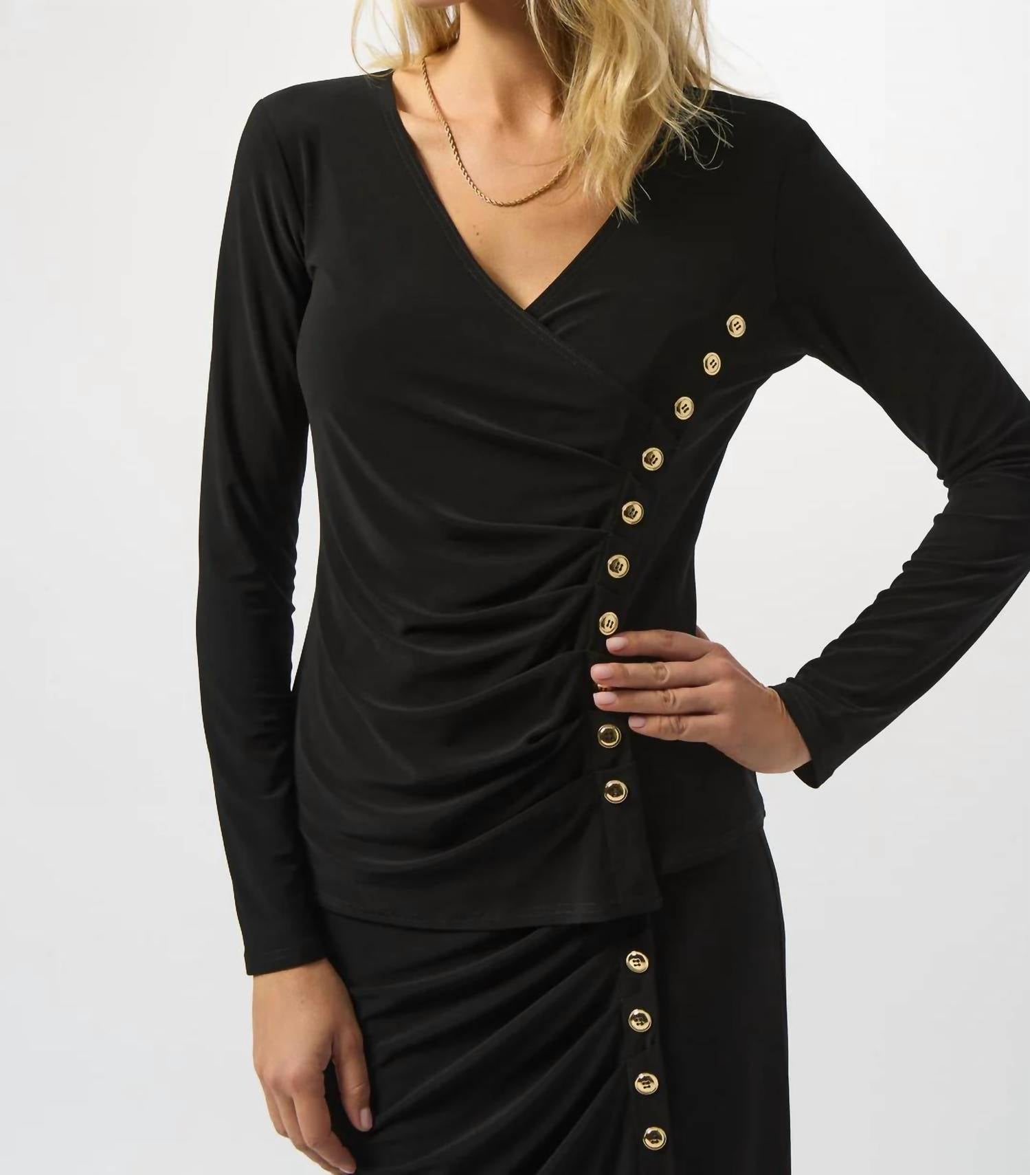 Joseph Ribkoff - Faux Wrap V-neck Long Sleeves Fitted Top