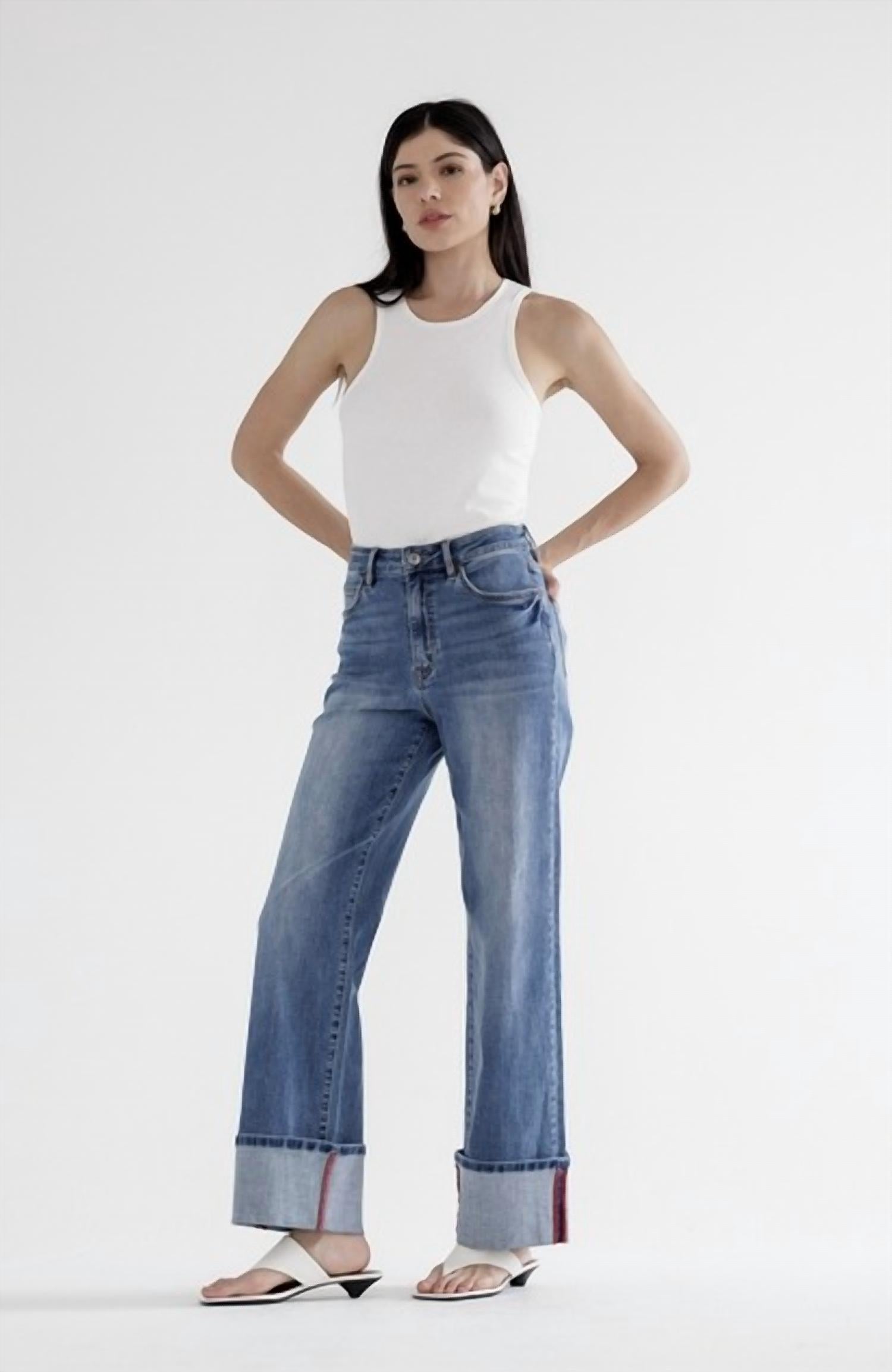 Mica Denim - Women's High Rise Wide Leg With Cuffed Hem Jeans