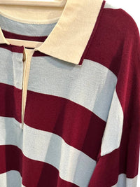 &merci Women's Rugby Stripe Long Sleeve Sweater in burgundy blue - women's sweater - detail view
