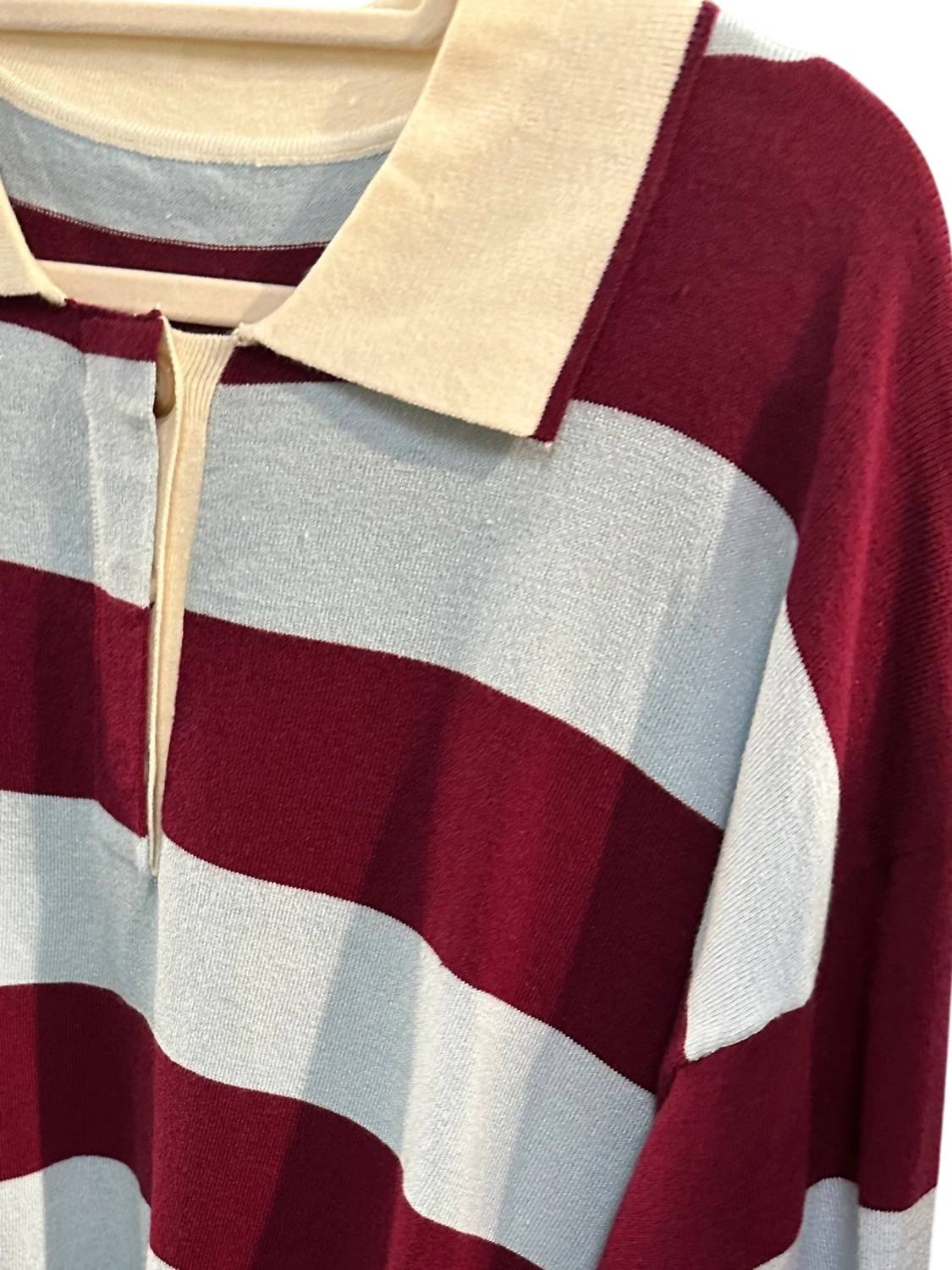 &merci Women's Rugby Stripe Long Sleeve Sweater in burgundy blue - women's sweater - detail view