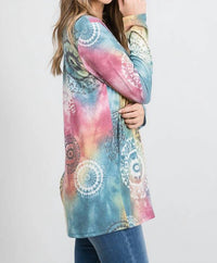Heimish Usa - Tie Dye & Circular Designs V-Neck Long Sleeve Top