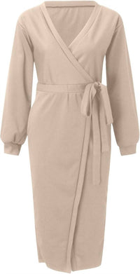 Nihao Jewelry - V Neck Belted Long Sleeve Knit Dress