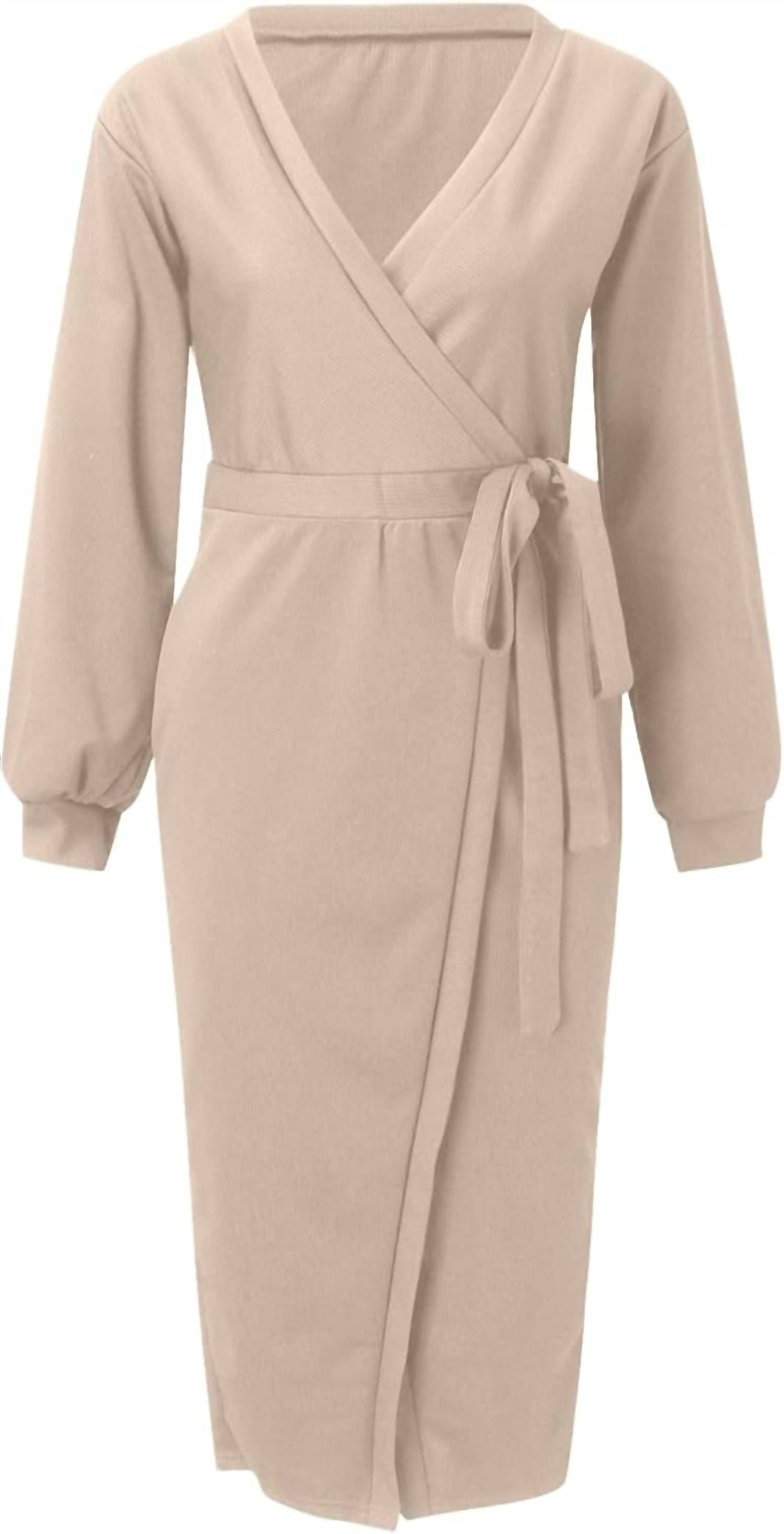 Nihao Jewelry - V Neck Belted Long Sleeve Knit Dress