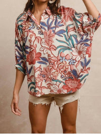 BiBi Floral Print Oversized Short Sleeve Top in dusty pink multi - women's blouse