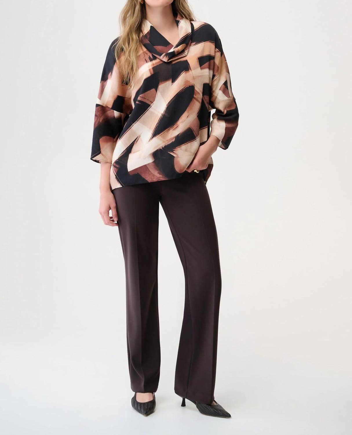 Joseph Ribkoff Abstract Print Cowl Neck Tunic Top in black brown - women's shirt - detail view