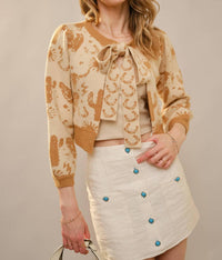Blue B Western Motif Tie Front Cardigan in taupe - women's cardigan