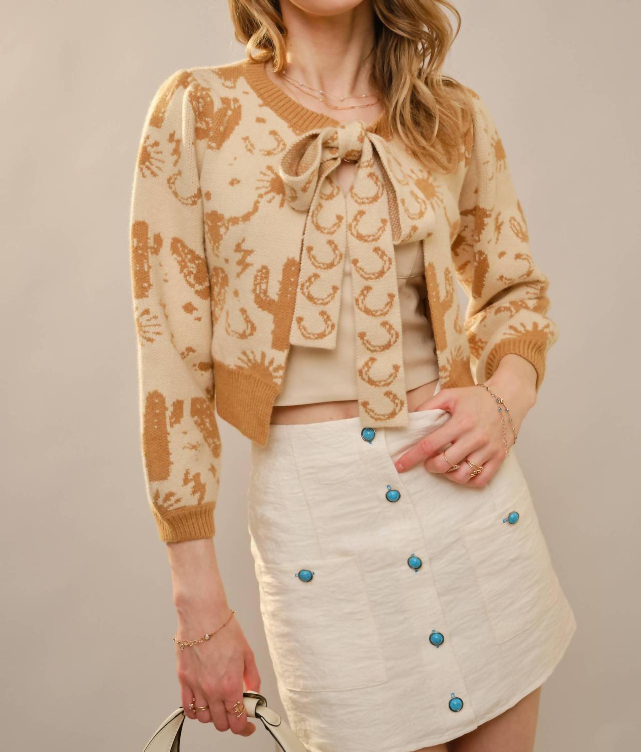 Blue B Western Motif Tie Front Cardigan in taupe - women's cardigan