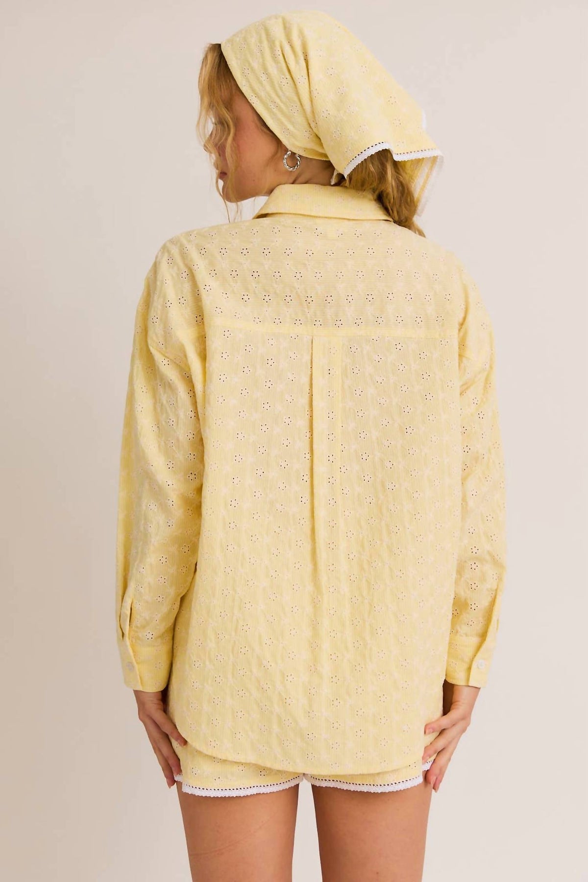 Le Lis - Eyelet Button Down Lace Trim Shorts & Head Scarf Three-Piece Set