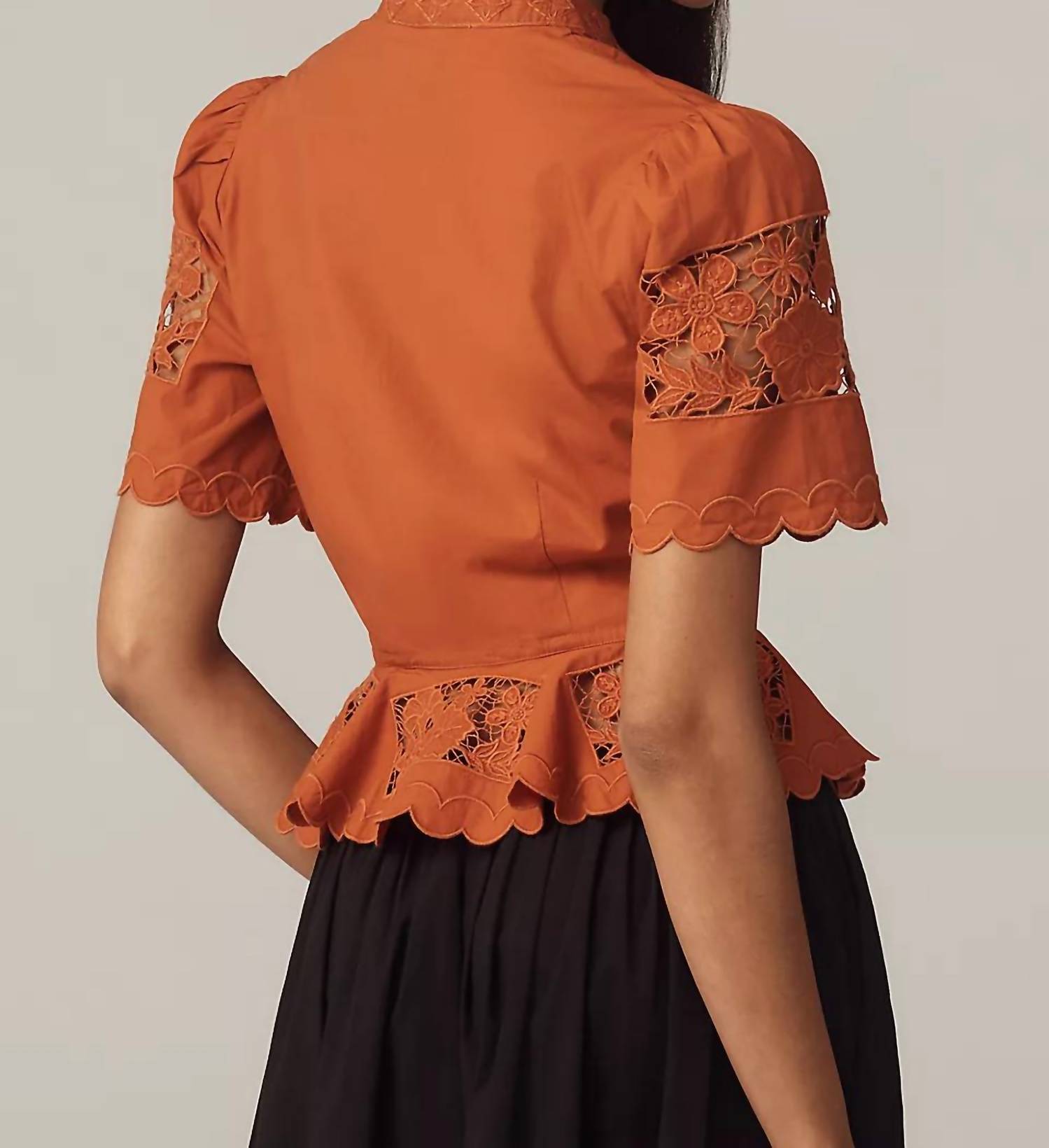 LOVE THE LABEL Elizabeth Short-sleeve Lace Blouse in cinnamon - women's blouse - detail view