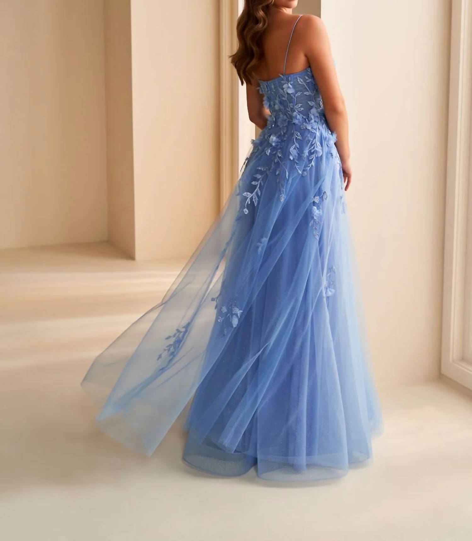 Ellie Wilde - Lace Appliques Slit Prom Dress