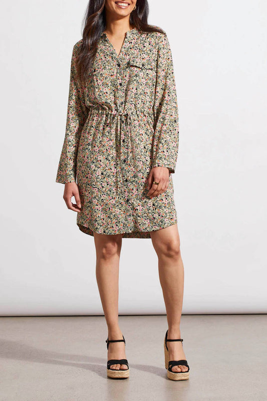 Tribal - Floral Print Button Down Dress with Drawstring