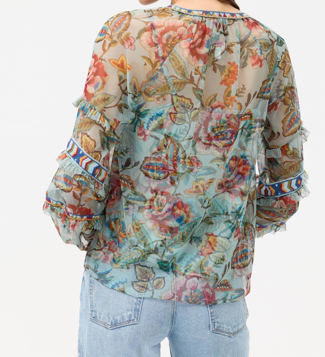 Johnny Was Women's Sapphire Mesh Blouse in multicolor - women's blouse - detail view