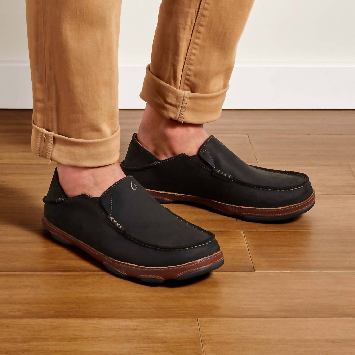 OluKai Men's Moloa Leather Slip-on Shoes in black toffee - men's loafer - view 5