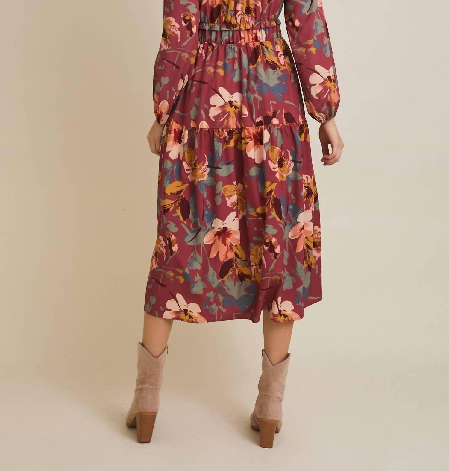 Gilli - Round Neck Front Tie Long Sleeve Floral Midi Dress