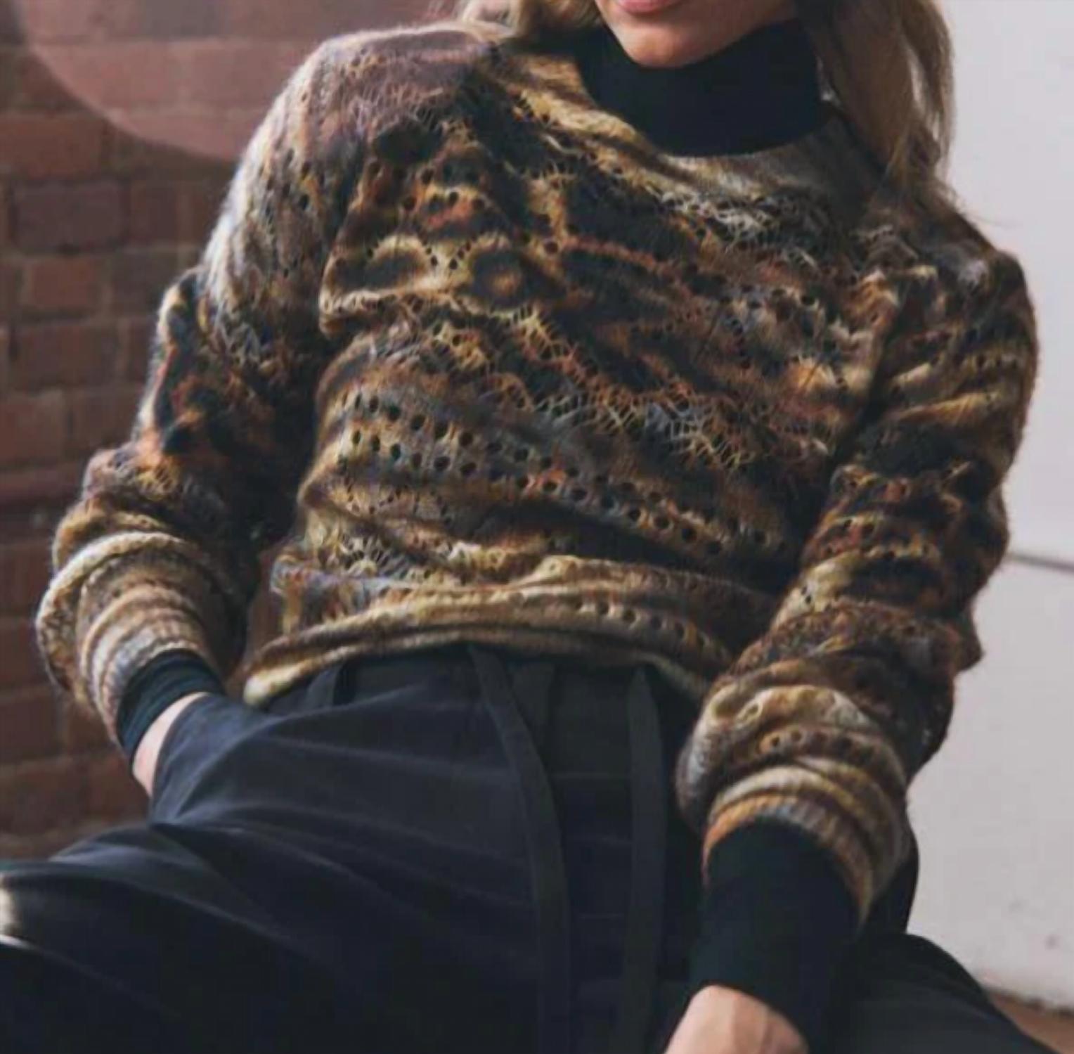 Autumn Cashmere - Neutral Animal Print Pointelle Crewneck Sweater