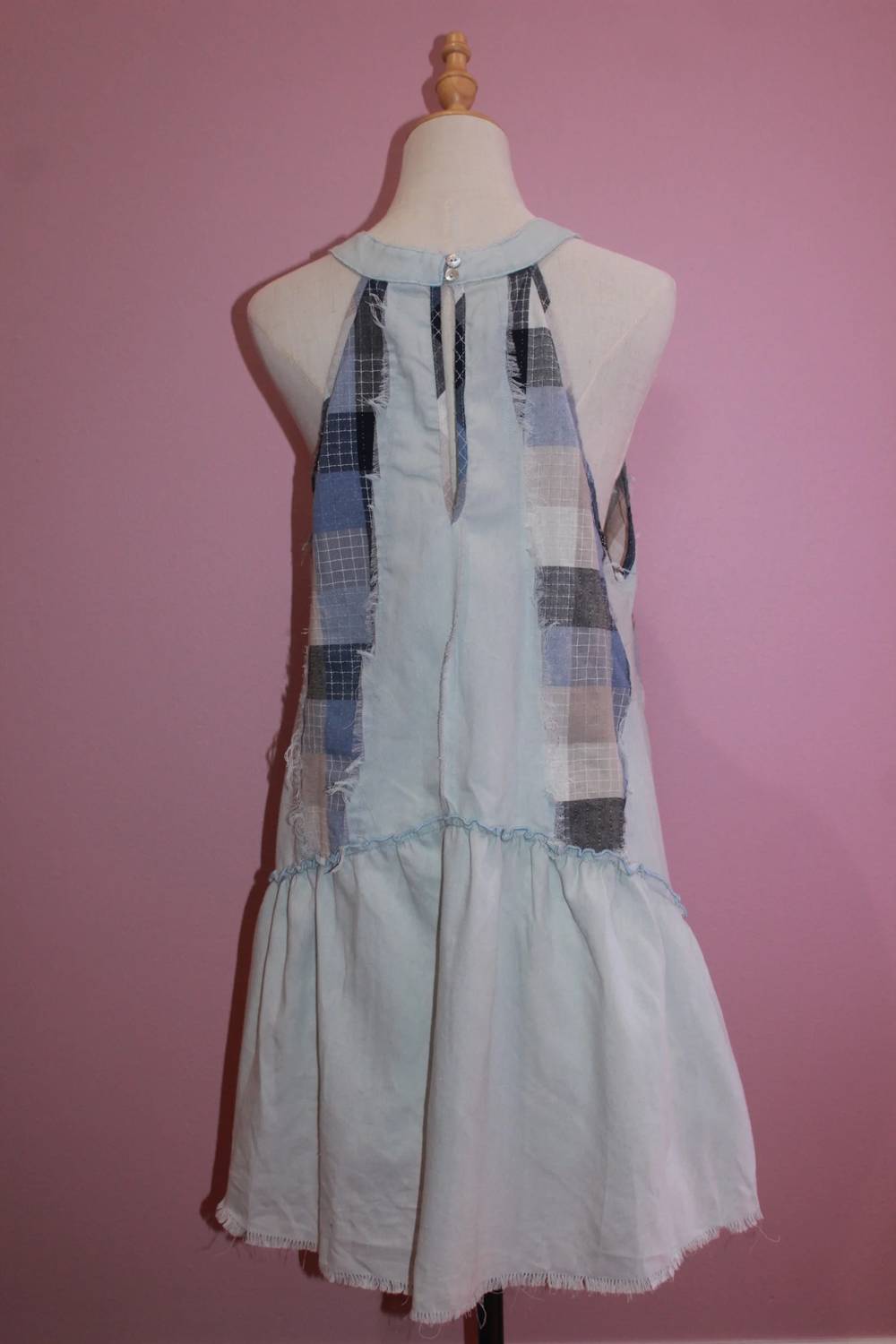 POL Women's Patchwork High Neck Dress in blue denim - women's dress - alternate view