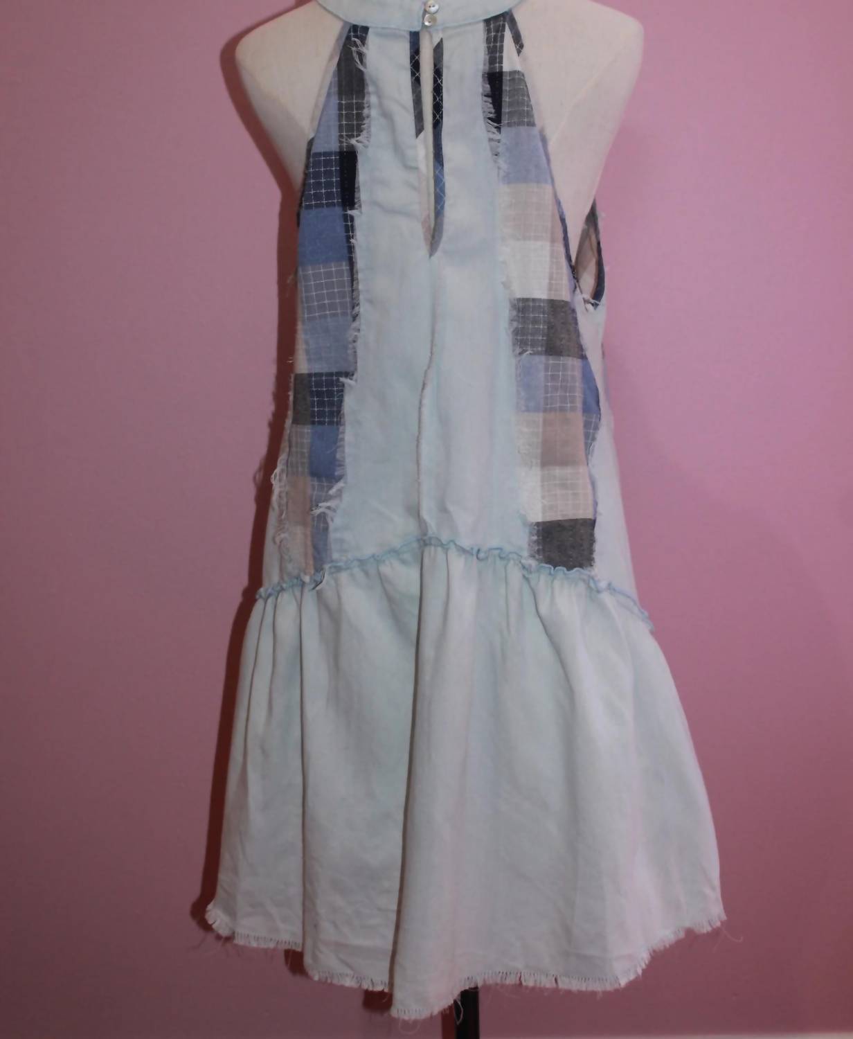 POL Women's Patchwork High Neck Dress in blue denim - women's dress - detail view