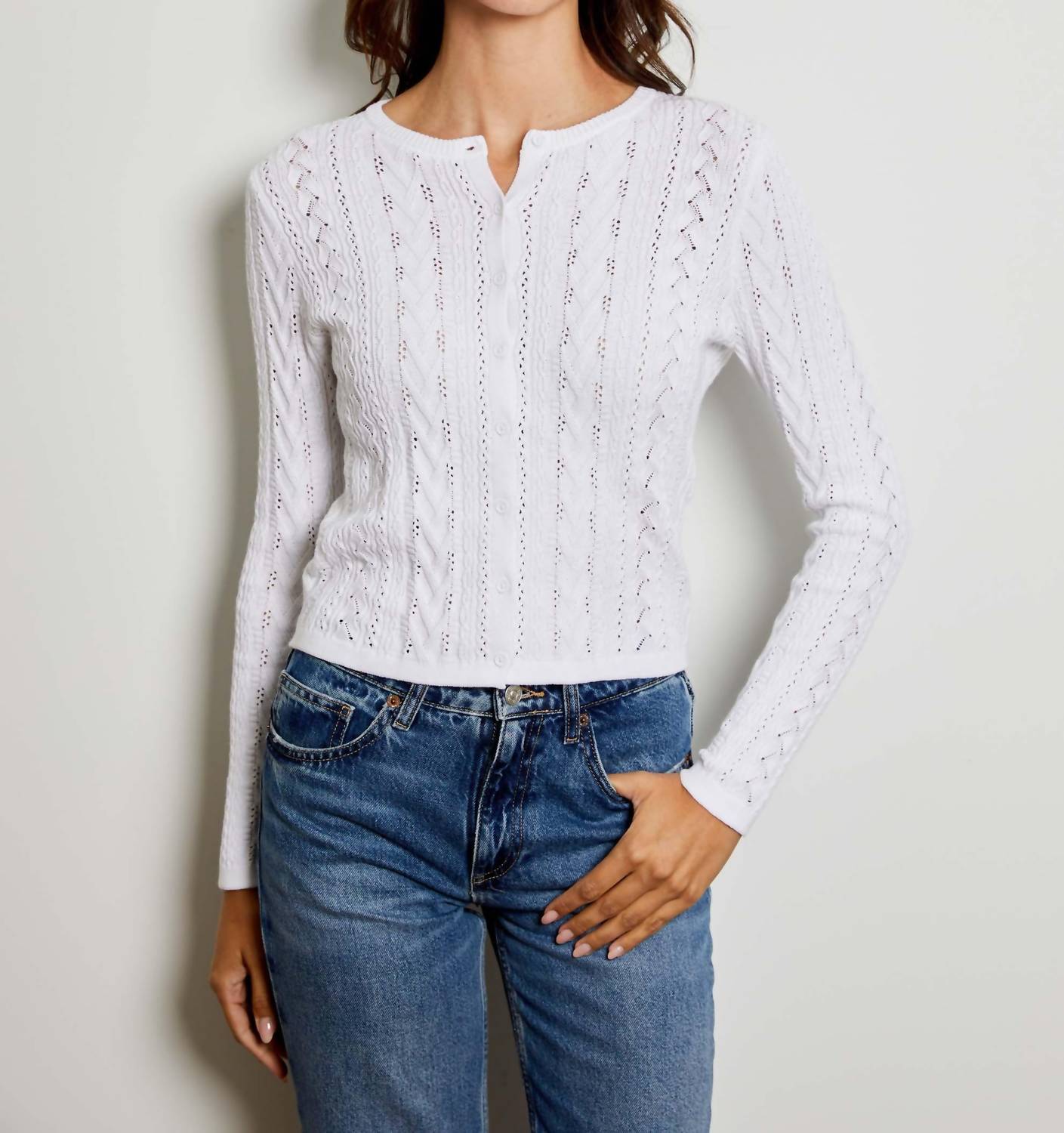 DESIGN HISTORY Pointelle Crew Cardigan in white - women's cardigan