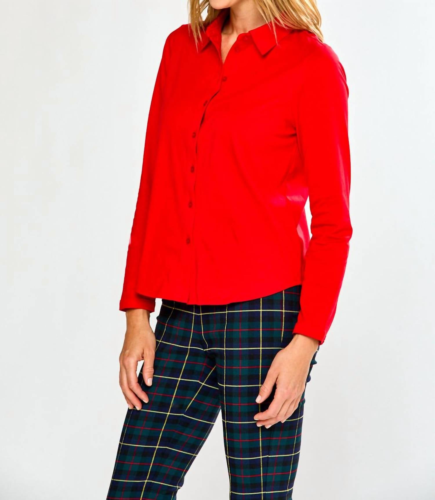 InCashmere Long Sleeve Cotton Knit Shirt in red - women's shirt - alternate view