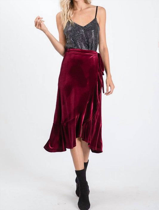 Velvet Ruffled Wrap Midi Skirt