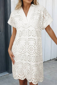 La Society - Solid Color Eyelet Embroidered T Shirt Mini Dress