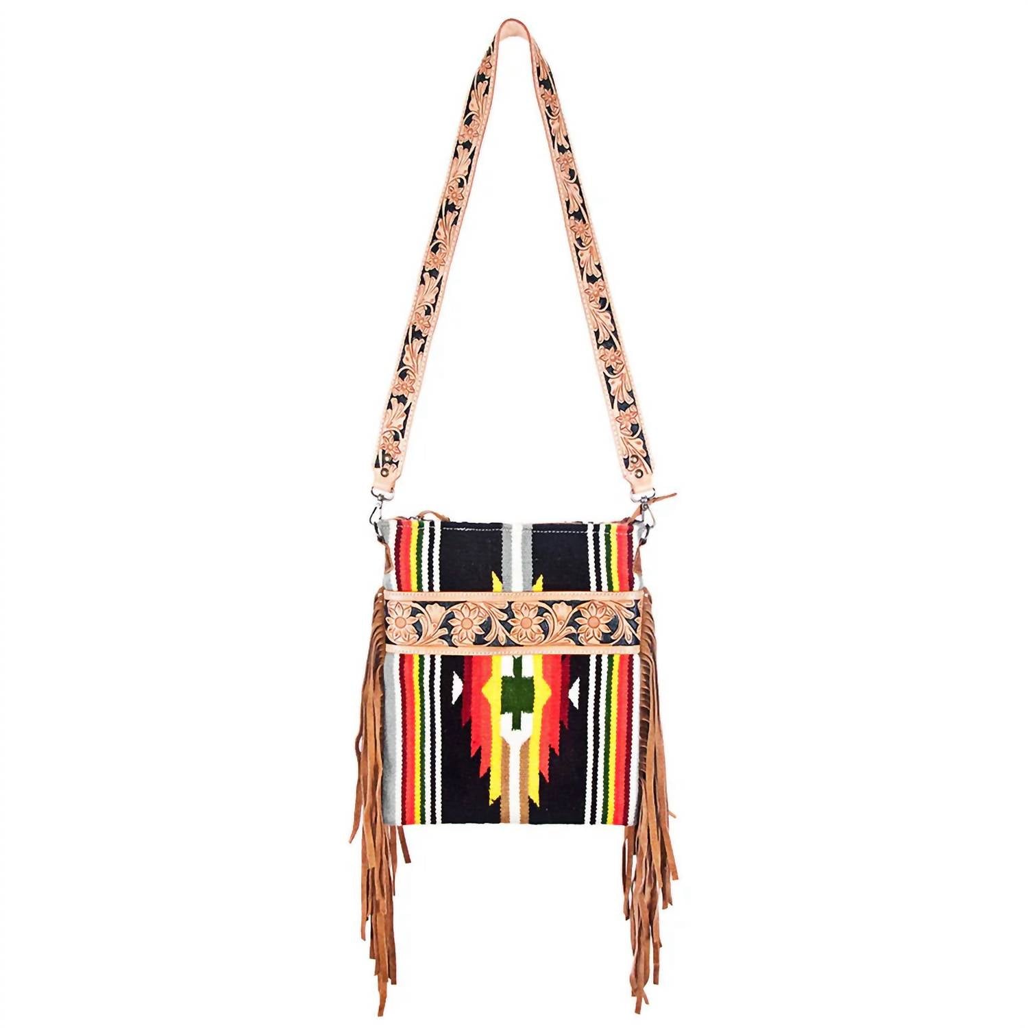 American Darling Women's Detailed Hand Tooled Messenger Bag in black multi - women's bag - detail view