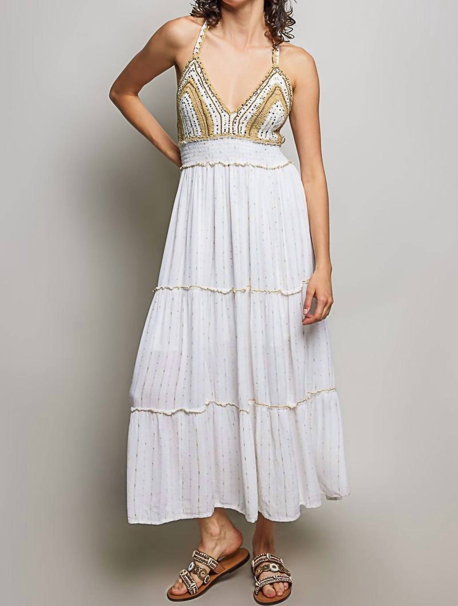 Pol - Corfu Crochet Sequin Metallic Halter Maxi Dress