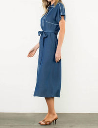 THML Short Sleeve Button Up Midi Dress in blue - women's dress - view 4