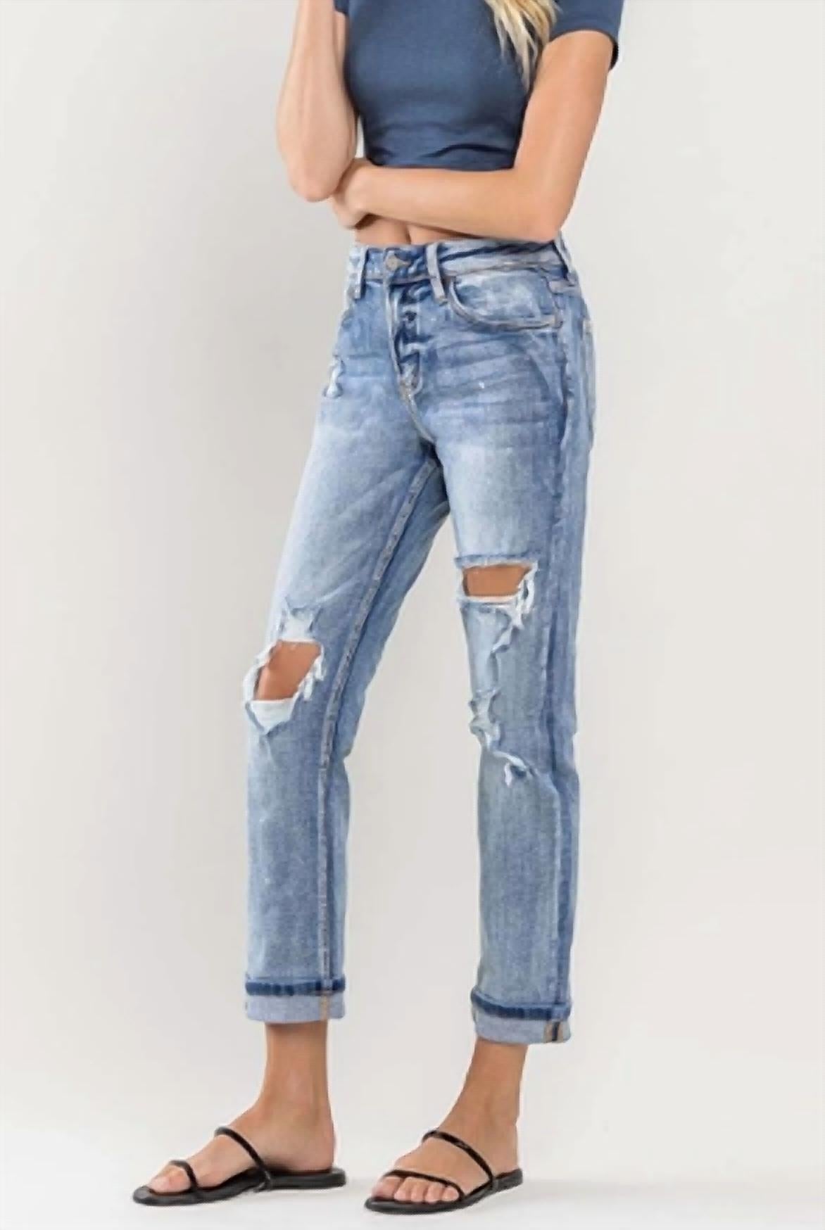 VERVET BY FLYING MONKEY High Rise Cuffed Distressed Paint Boyfriend Jeans in blue - women's jeans - view 5