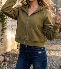 SurelyMine Canyon Vintage Cropped Zip Hoodie in olive - women's top
