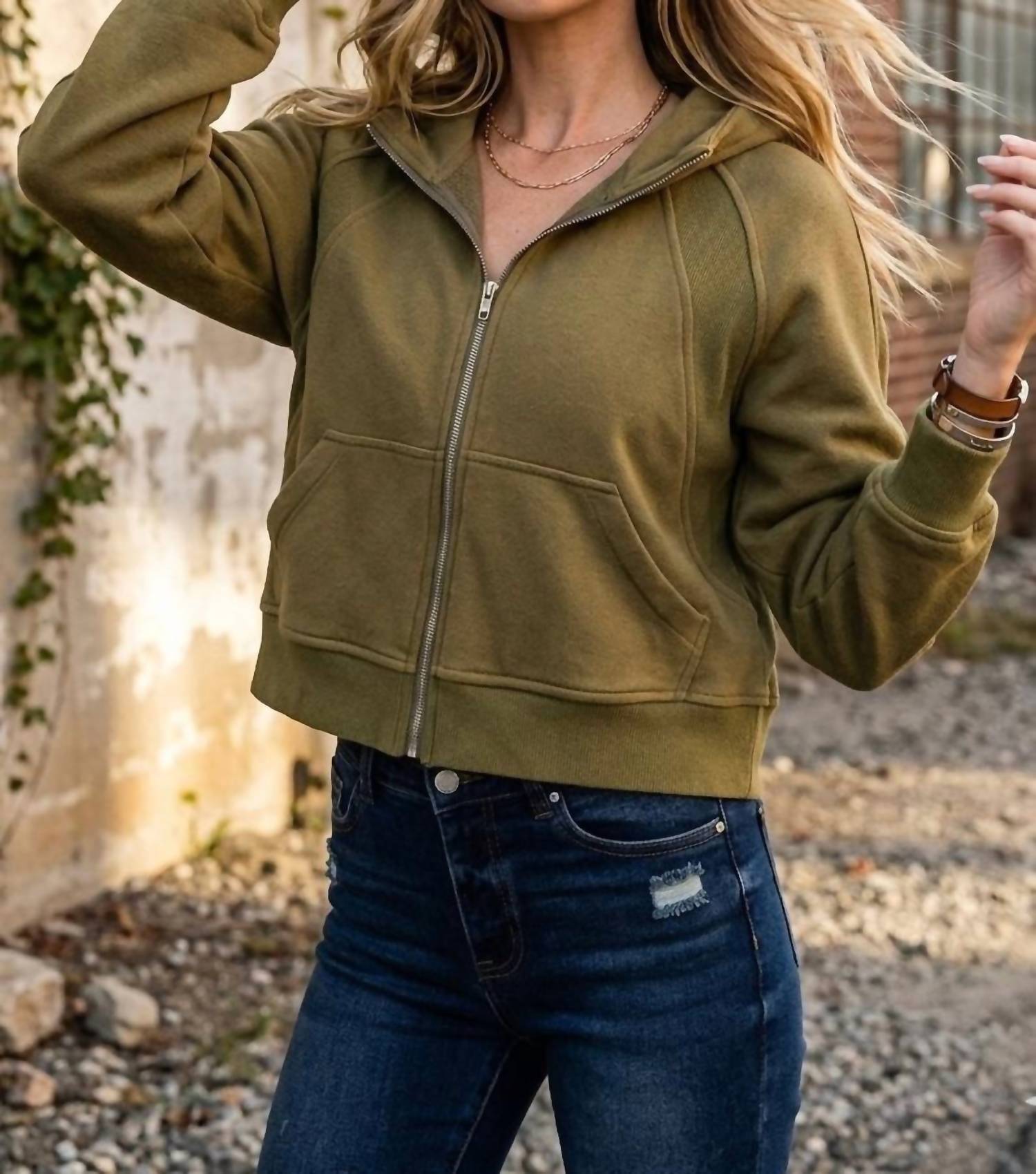 SurelyMine Canyon Vintage Cropped Zip Hoodie in olive - women's top
