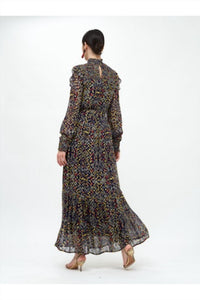 Oliphant Mini Dot Smocked Neck Maxi Dress in indigo gold - women's dress - detail view