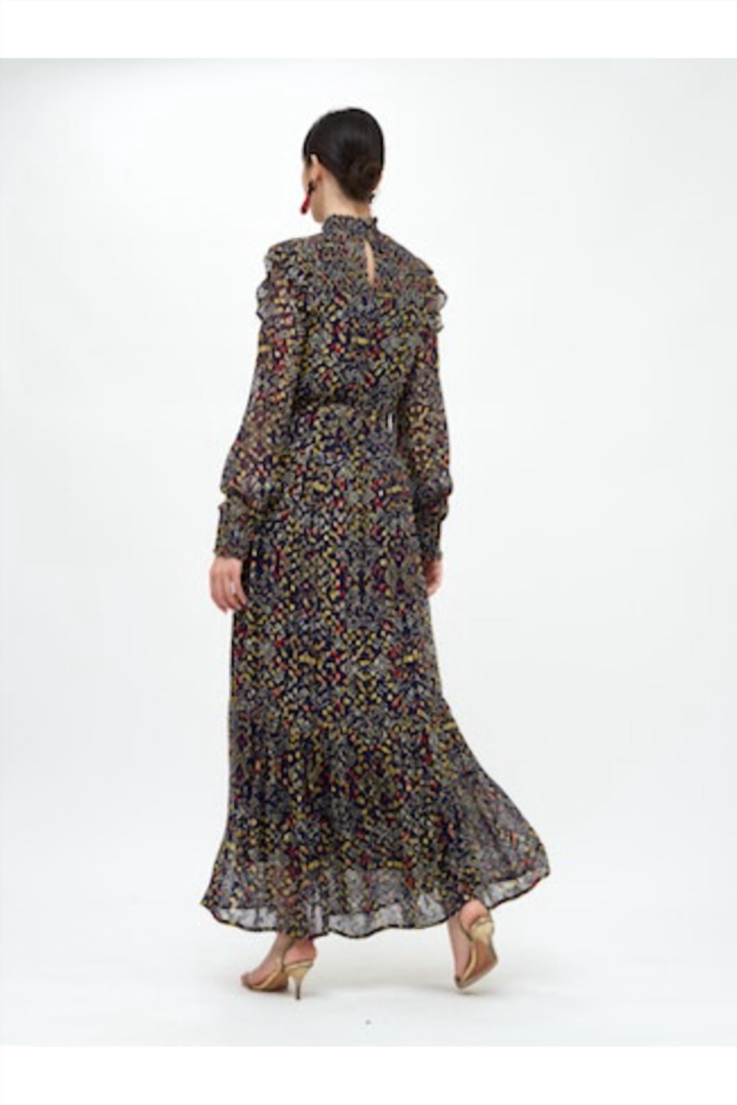Oliphant Mini Dot Smocked Neck Maxi Dress in indigo gold - women's dress - detail view