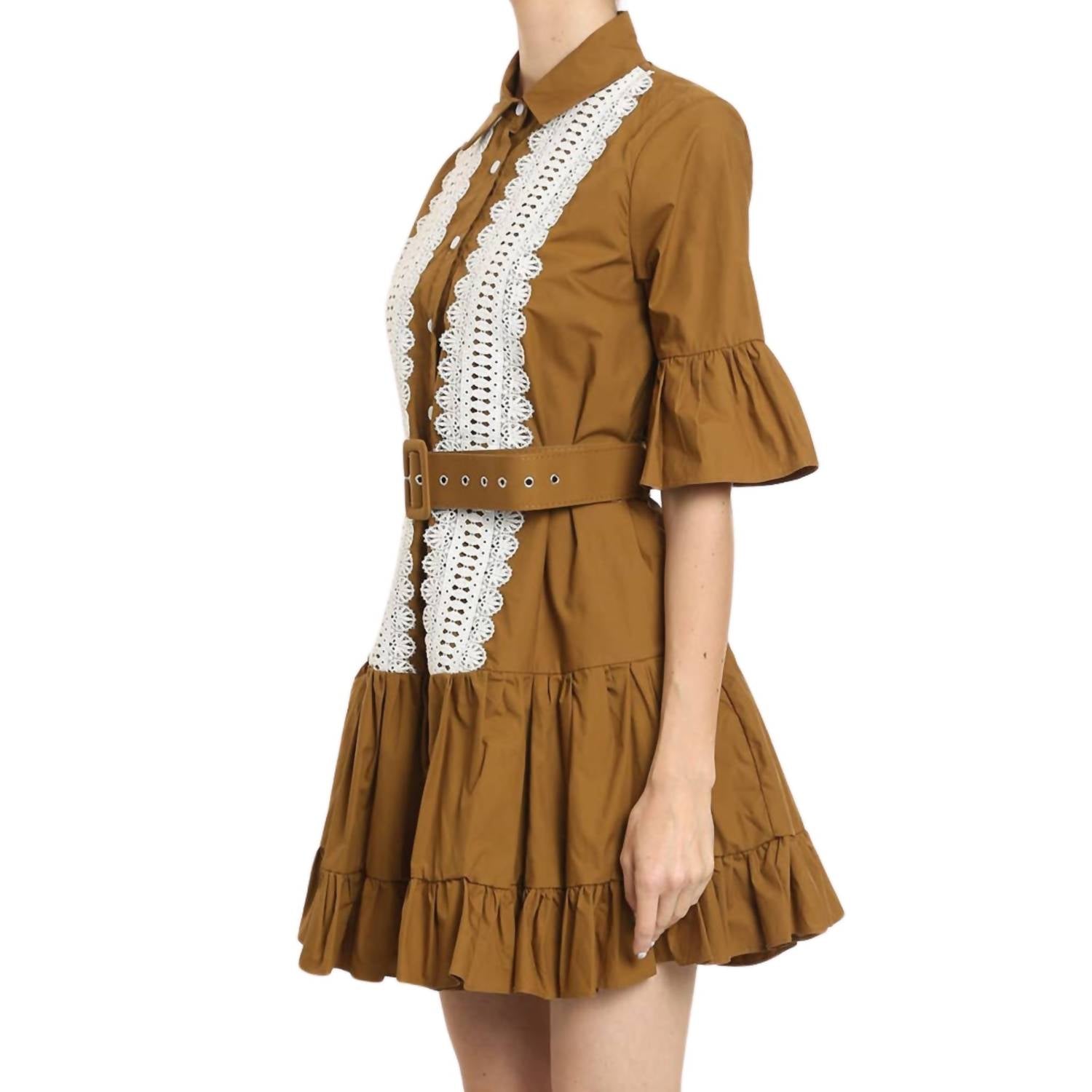 Beulahstyle - Ruffled Front Lace Detail Mini Dress With Belt