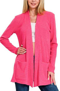 ZENANA Heather Ribbed Sweater Open Front Cardigan in hot pink - women's cardigan