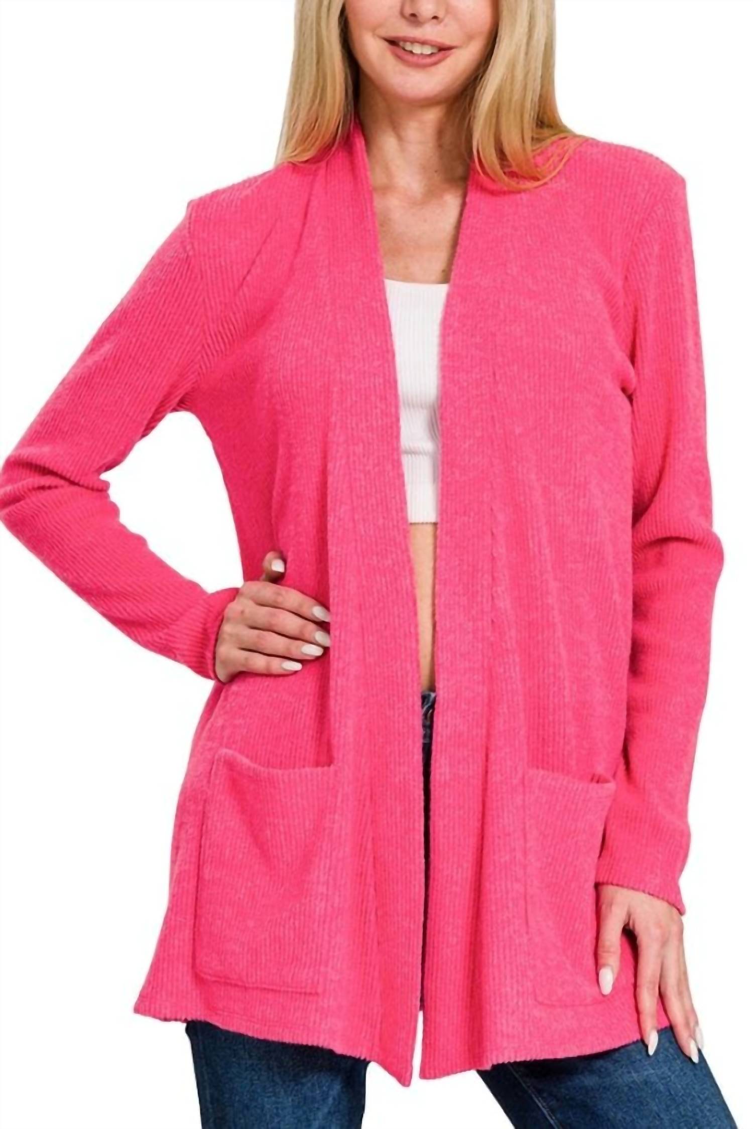 ZENANA Heather Ribbed Sweater Open Front Cardigan in hot pink - women's cardigan
