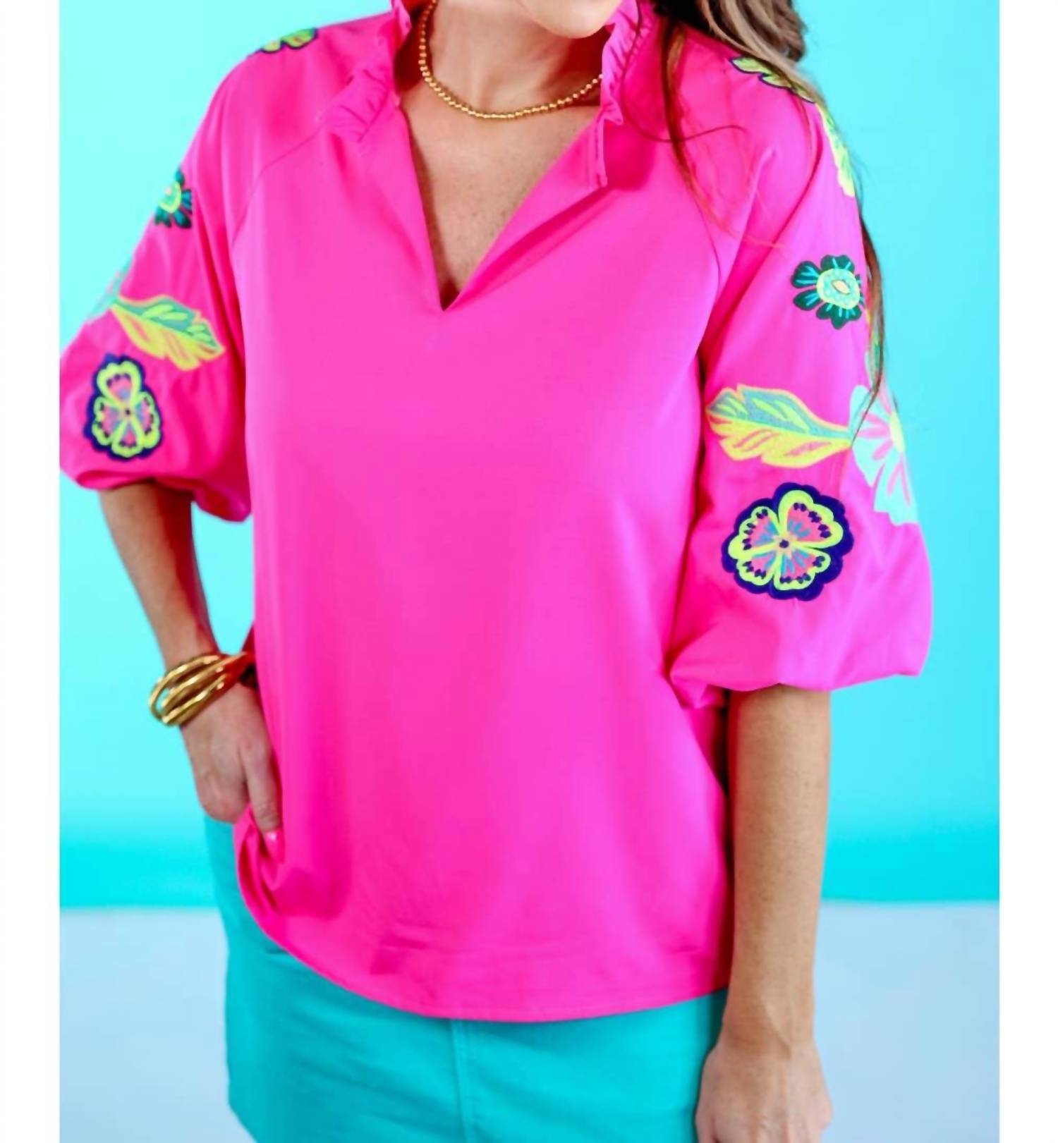 Jess Lea Embroidered Puff Sleeve Top in hot pink - women's blouse
