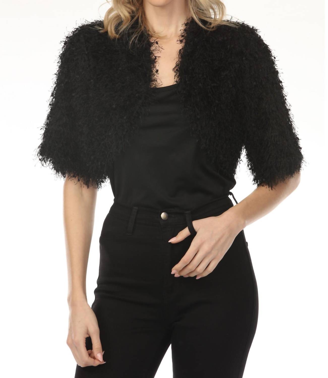 Joseph Ribkoff Fringe Open Front Bolero Jacket in black - women's jacket