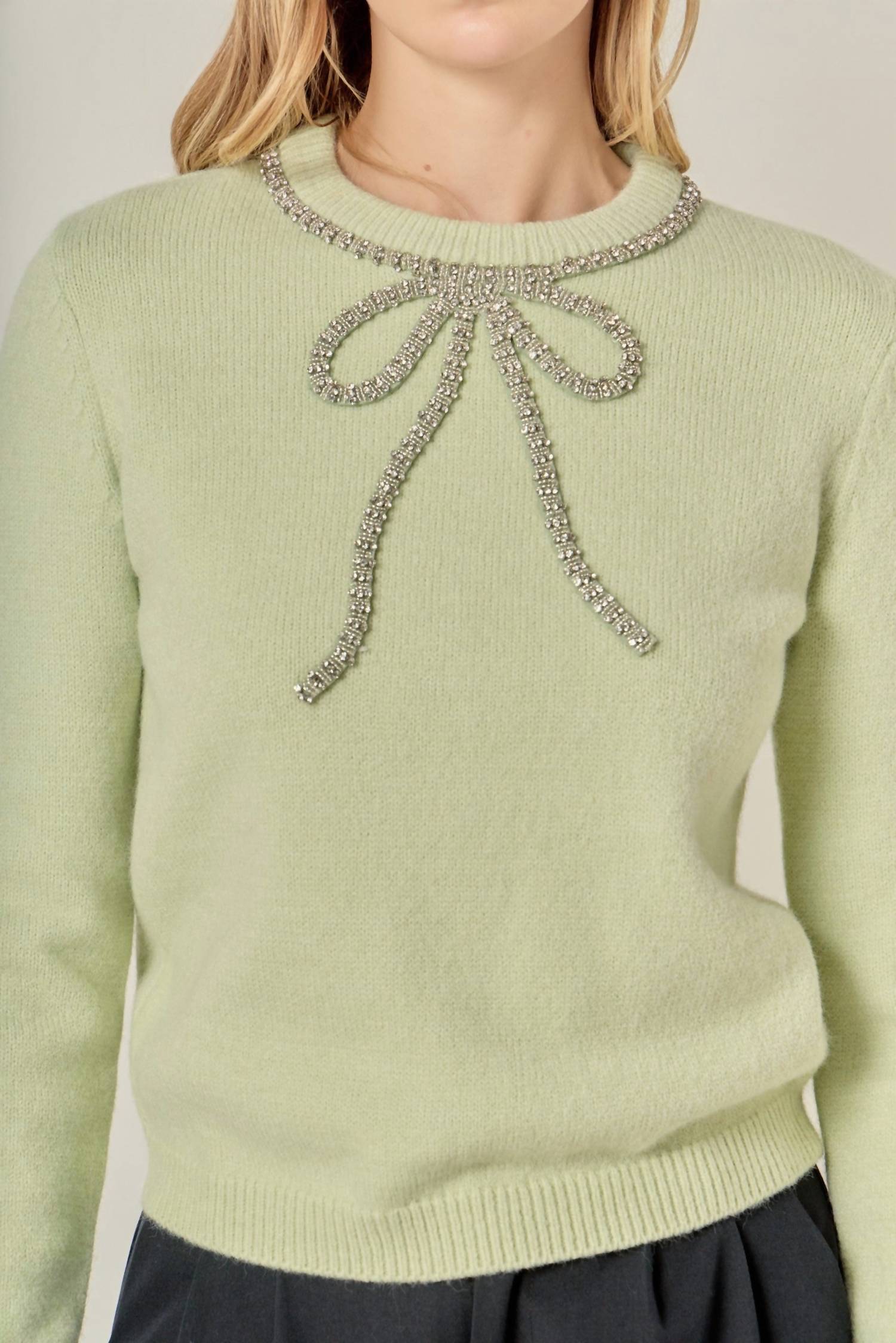 English Factory Bow Sweater Top in mint - women's sweater - alternate view