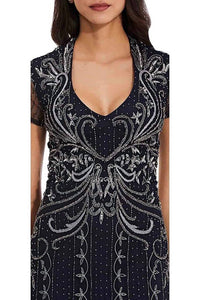 Adrianna Papell - V-neck Godet Cutout Back Embellished Mesh Gown