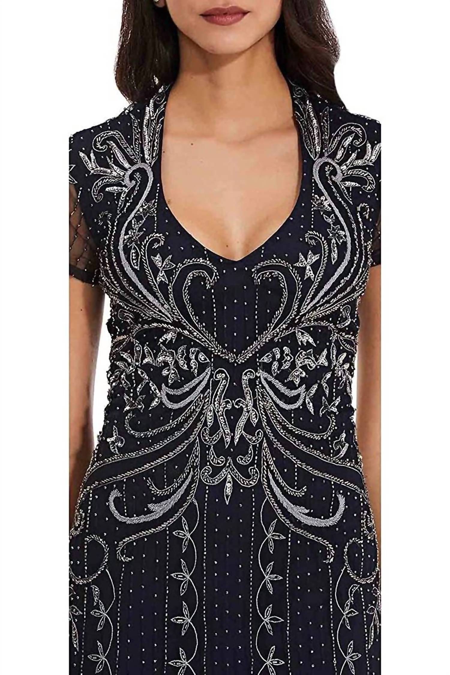 Adrianna Papell - V-neck Godet Cutout Back Embellished Mesh Gown