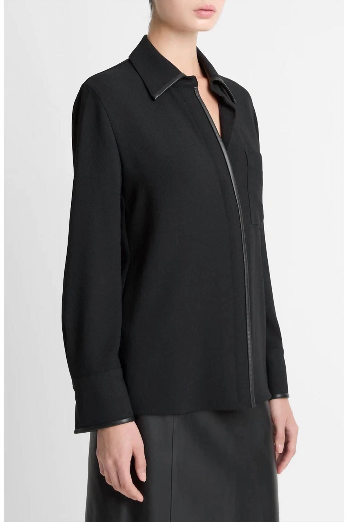 Vince - FAUX LEATHER TRIM BLOUSE
