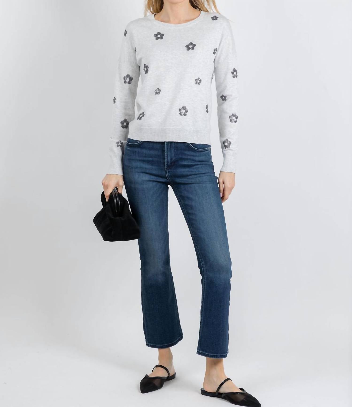 J. Society Liv Sequin Flower Crew Sweater in cloud silver - women's sweater - detail view