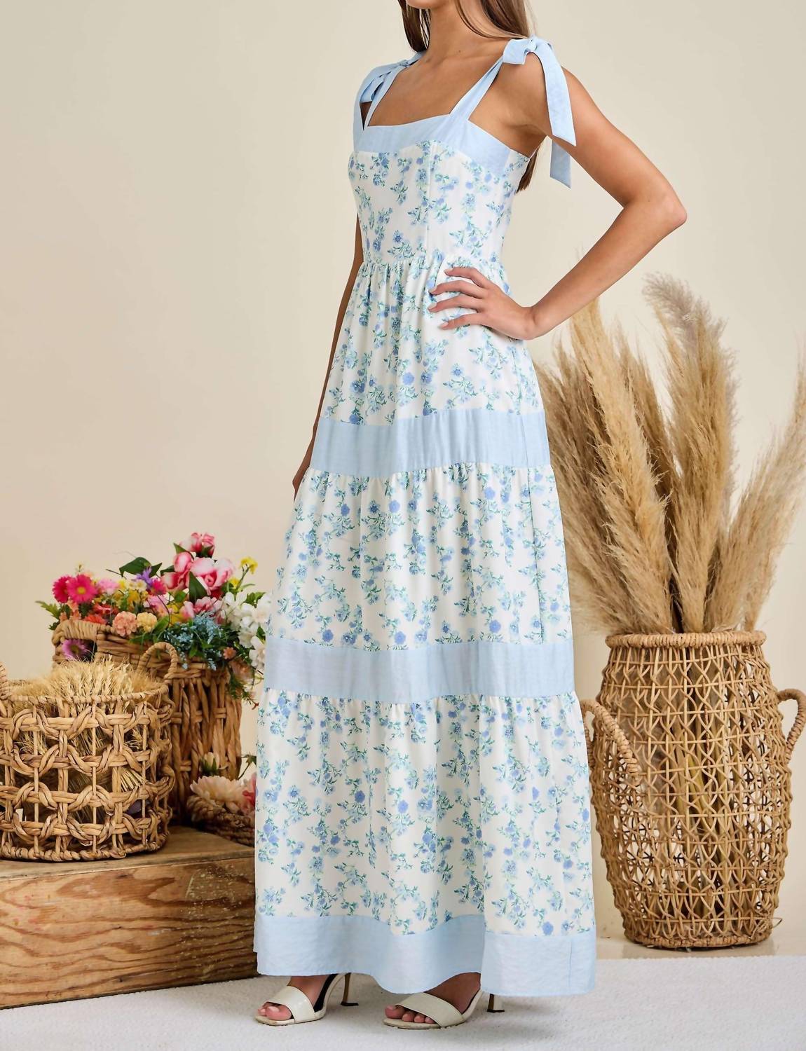 Main Strip - Floral Printed Maxi Shoulder Tie Dress