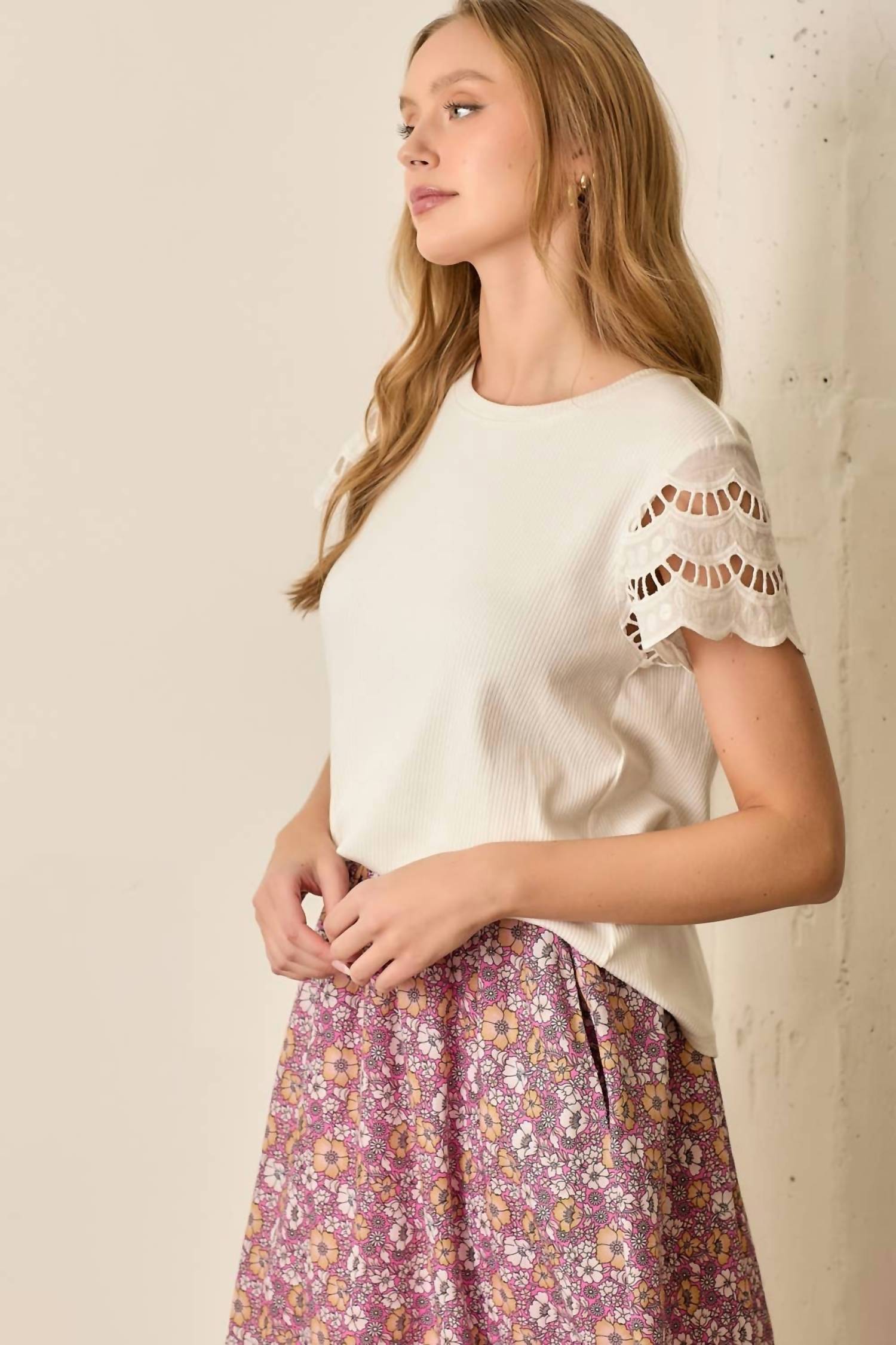 Polagram - Loretta Eyelet Short Sleeve Ribbed Top